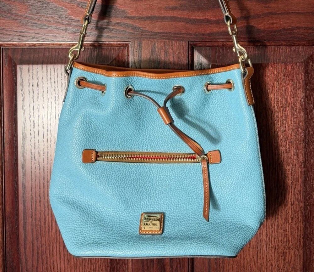 Dooney & Bourke Pebble Grain Drawstring Bucket Bag Blue Leather Red Interior